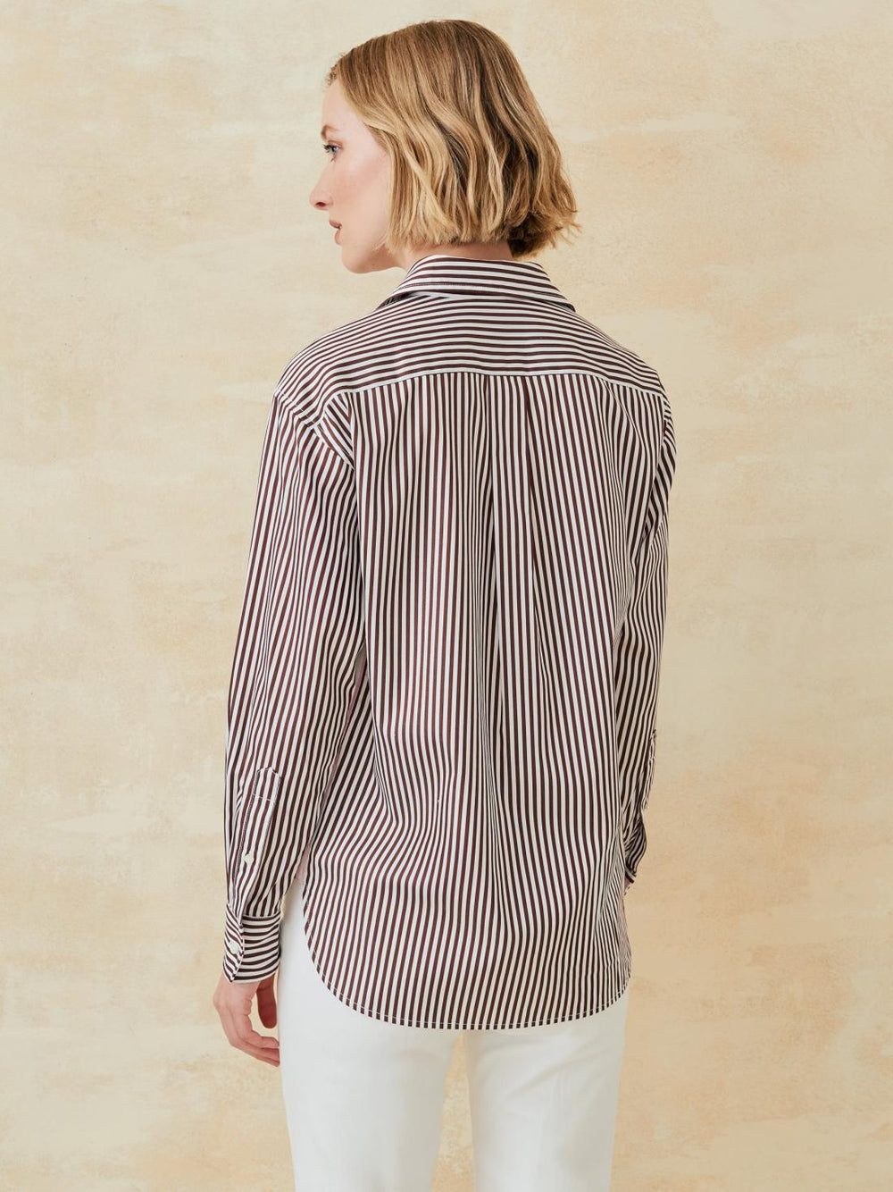 J.McLaughlin Finn Shirt With Ribbon Trim In Stripe White/brown | Women Shirts &amp; Tops