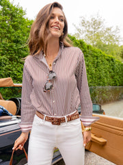 J.McLaughlin Finn Shirt With Ribbon Trim In Stripe White/brown | Women Shirts &amp; Tops