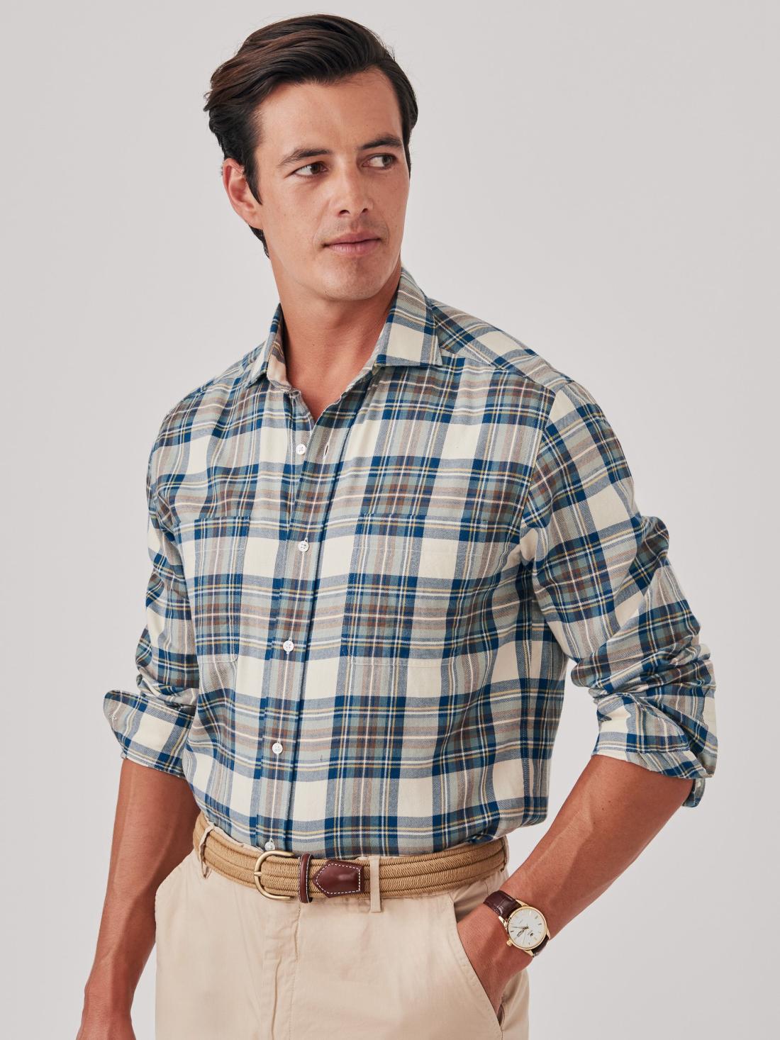 J.McLaughlin Glenmere Classic Fit Flannel Shirt In Plaid Ecru/brown/blue | Men Shirts