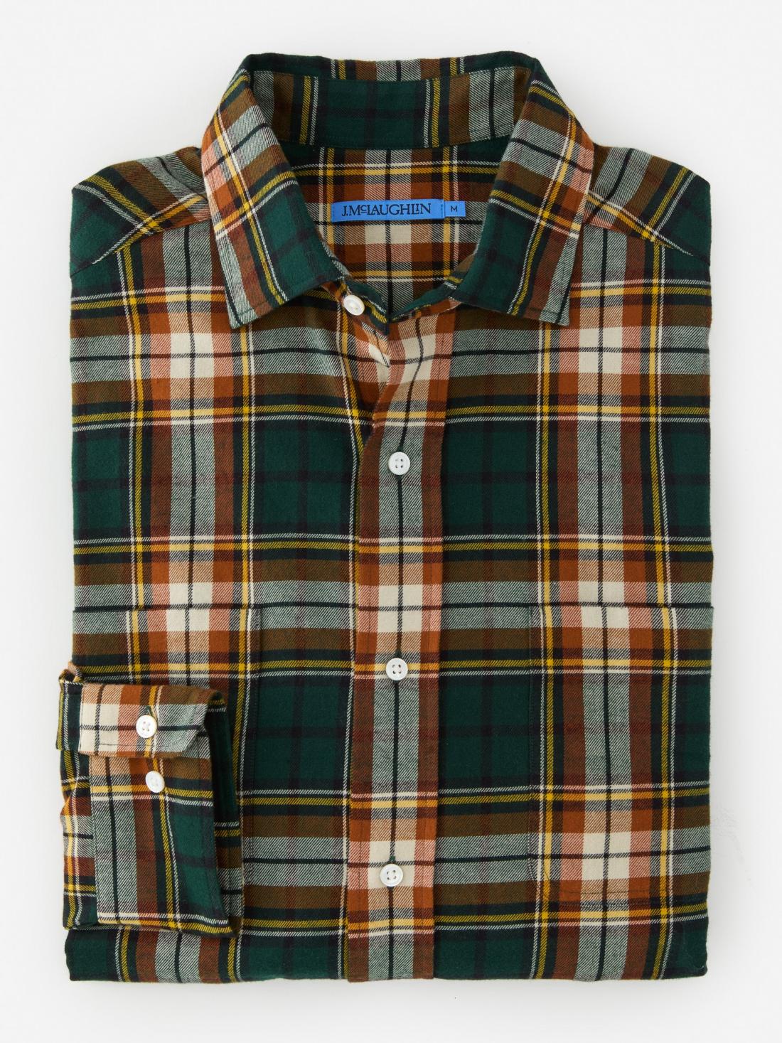 J.McLaughlin Glenmere Classic Fit Flannel Shirt In Plaid Green/brown/gold | Men Shirts