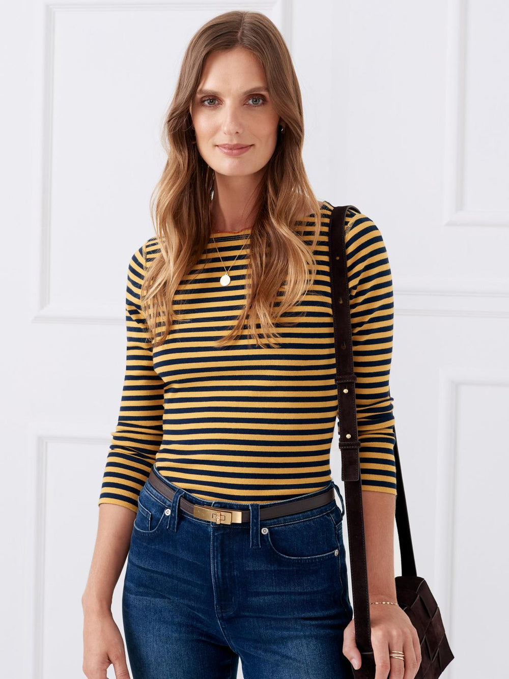 J.McLaughlin Goldie Tee In Stripe Navy/marigold | Women Shirts &amp; Tops