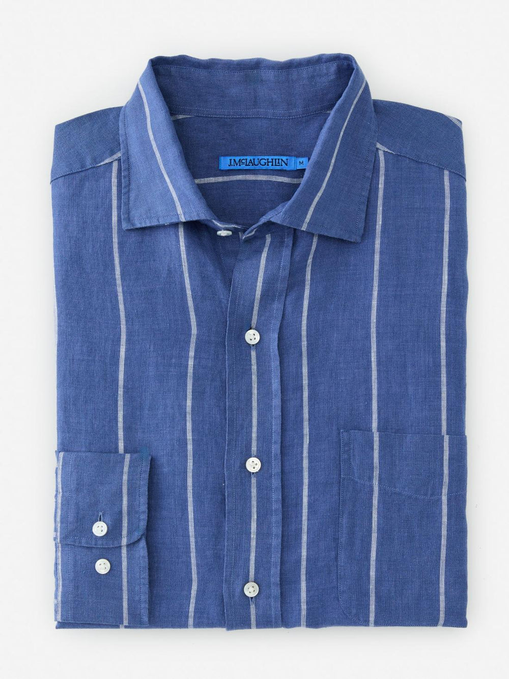 J.McLaughlin Gramercy Classic Fit Linen Shirt In Wide Stripe Blue/white | Men Shirts