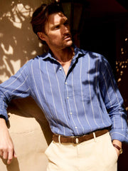 J.McLaughlin Gramercy Classic Fit Linen Shirt In Wide Stripe Blue/white | Men Shirts