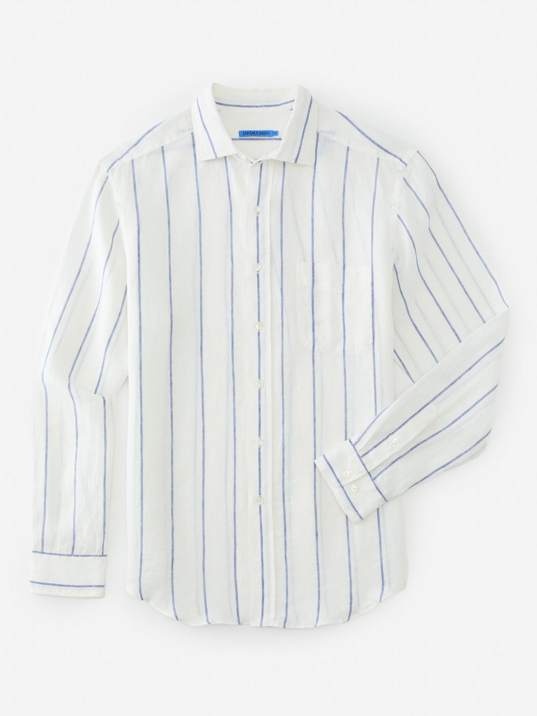 J.McLaughlin Gramercy Classic Fit Linen Shirt In Wide Stripe White/blue | Men Shirts