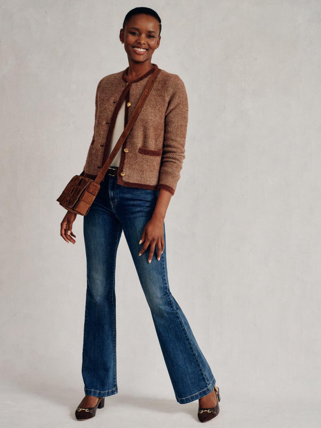 J.McLaughlin Inez Cardigan In Herringbone Jacquard Brown/off White | Women Sweaters