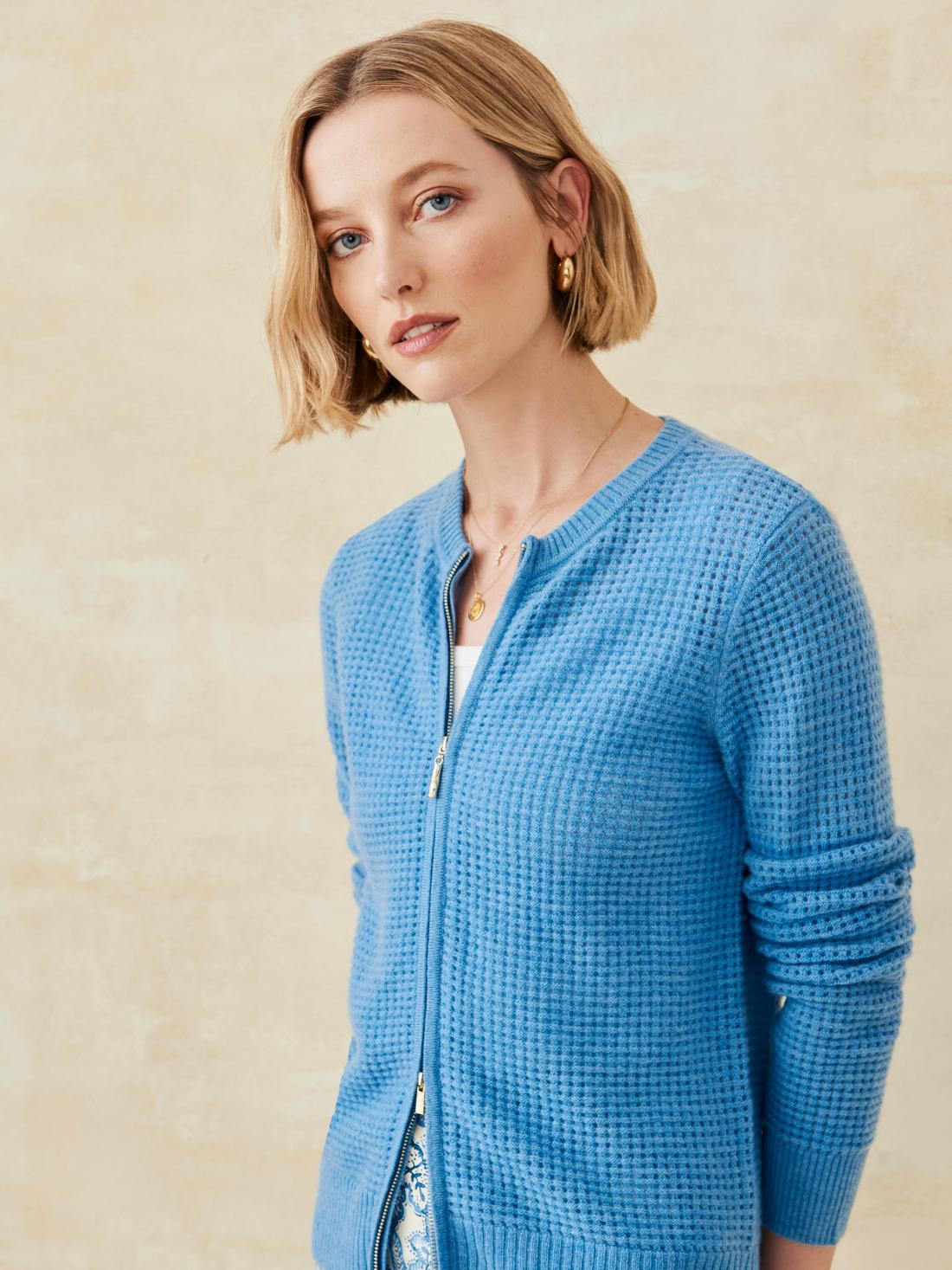 J.McLaughlin Kesia Cashmere Zip Cardigan Medium Blue | Women Sweaters