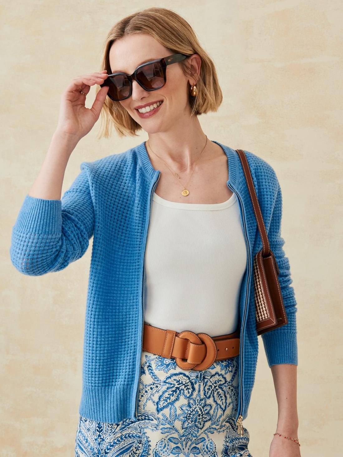 J.McLaughlin Kesia Cashmere Zip Cardigan Medium Blue | Women Sweaters