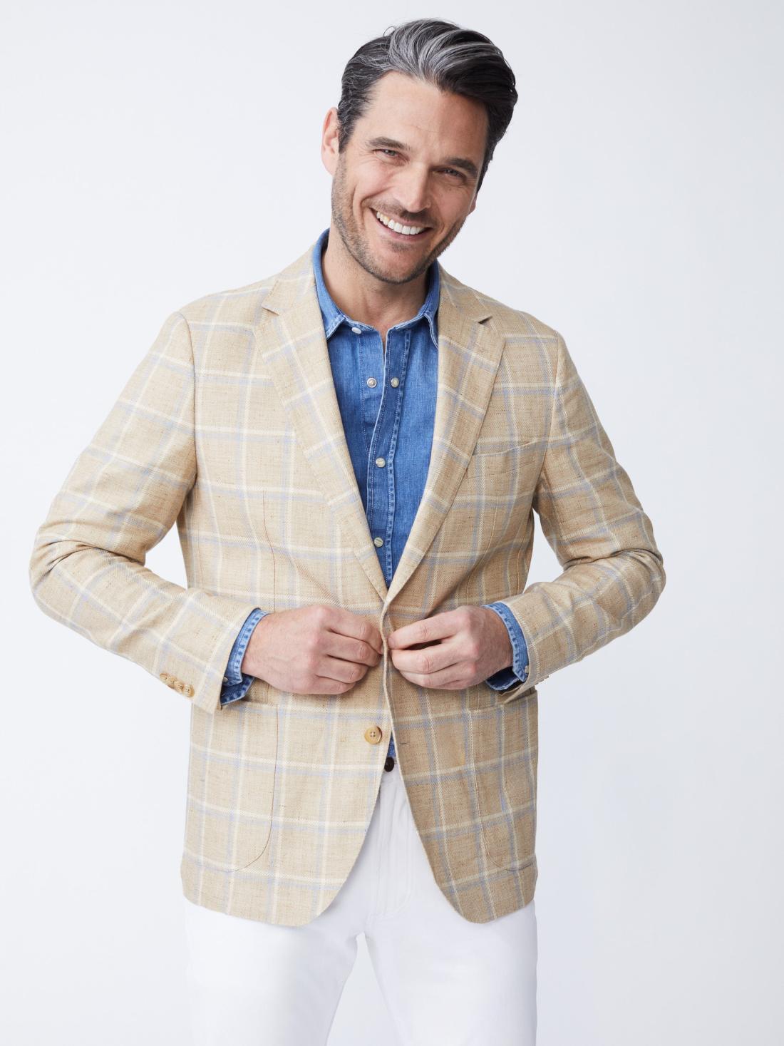 J.McLaughlin Lisbon Linen Sport Coat In Window Pane White/tan/blue | Men Jackets &amp; Sport Coats