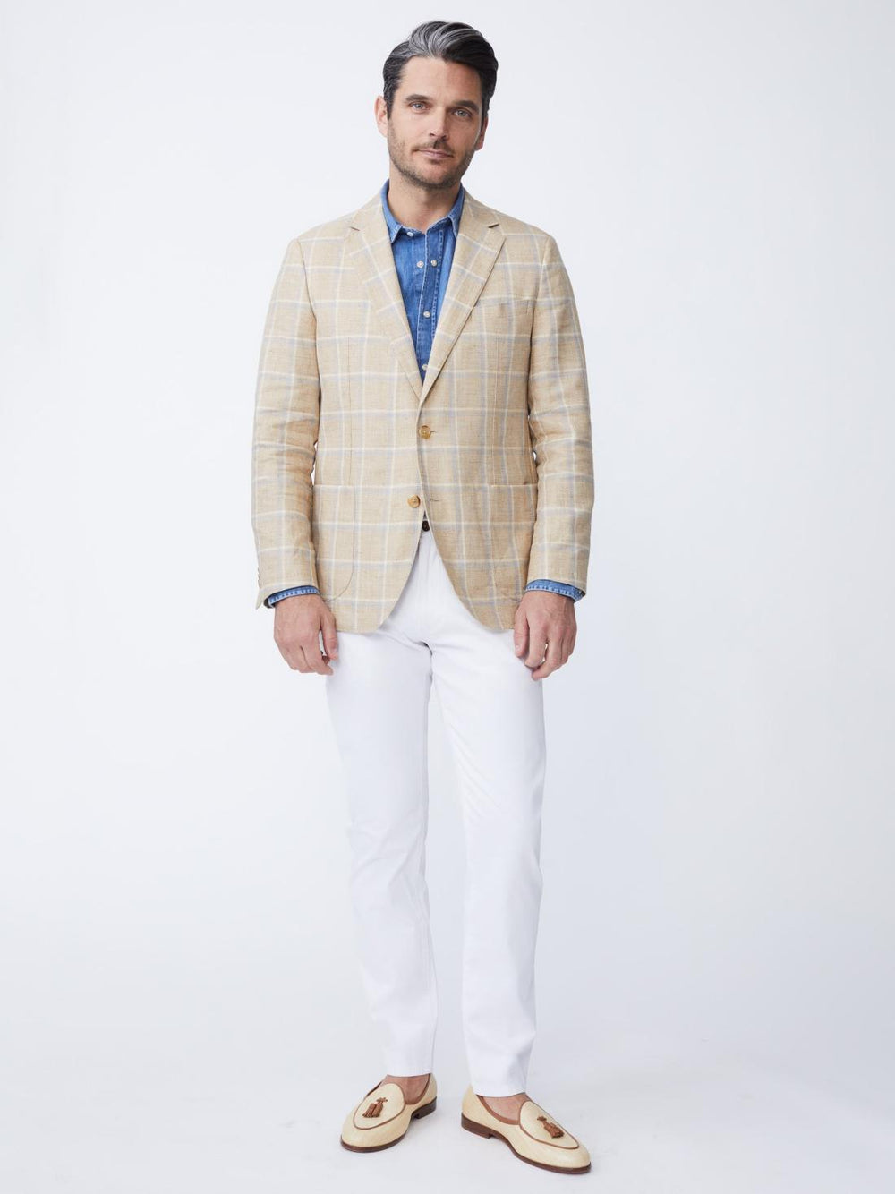 J.McLaughlin Lisbon Linen Sport Coat In Window Pane White/tan/blue | Men Jackets &amp; Sport Coats