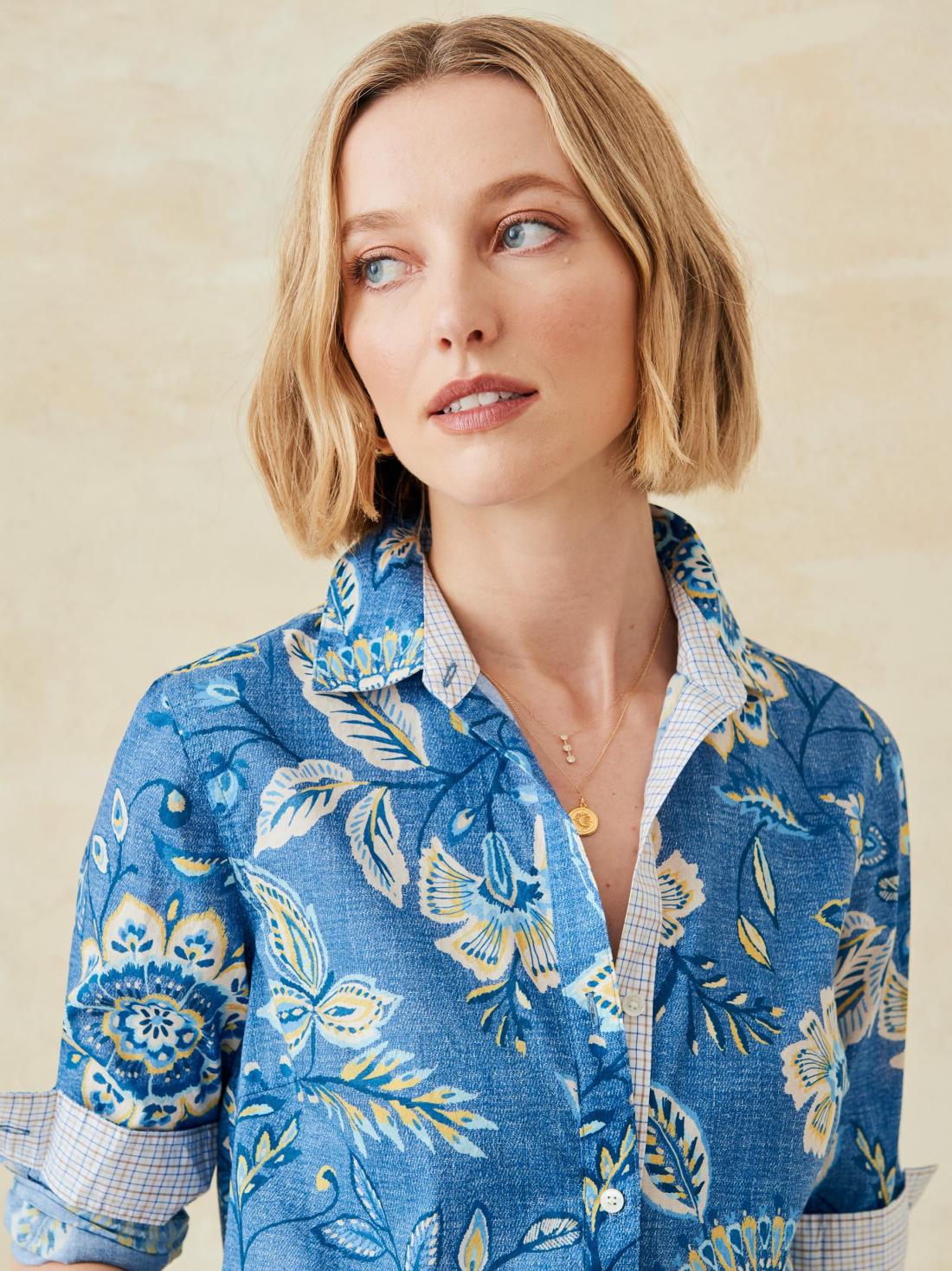 J.McLaughlin Lois Shirt In Floral Cove Denim/yellow | Women Shirts &amp; Tops