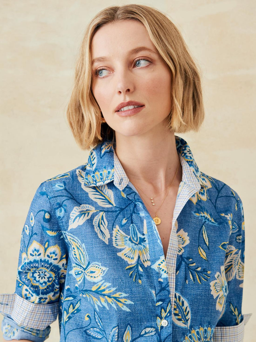 J.McLaughlin Lois Shirt In Floral Cove Denim/yellow | Women Shirts &amp; Tops