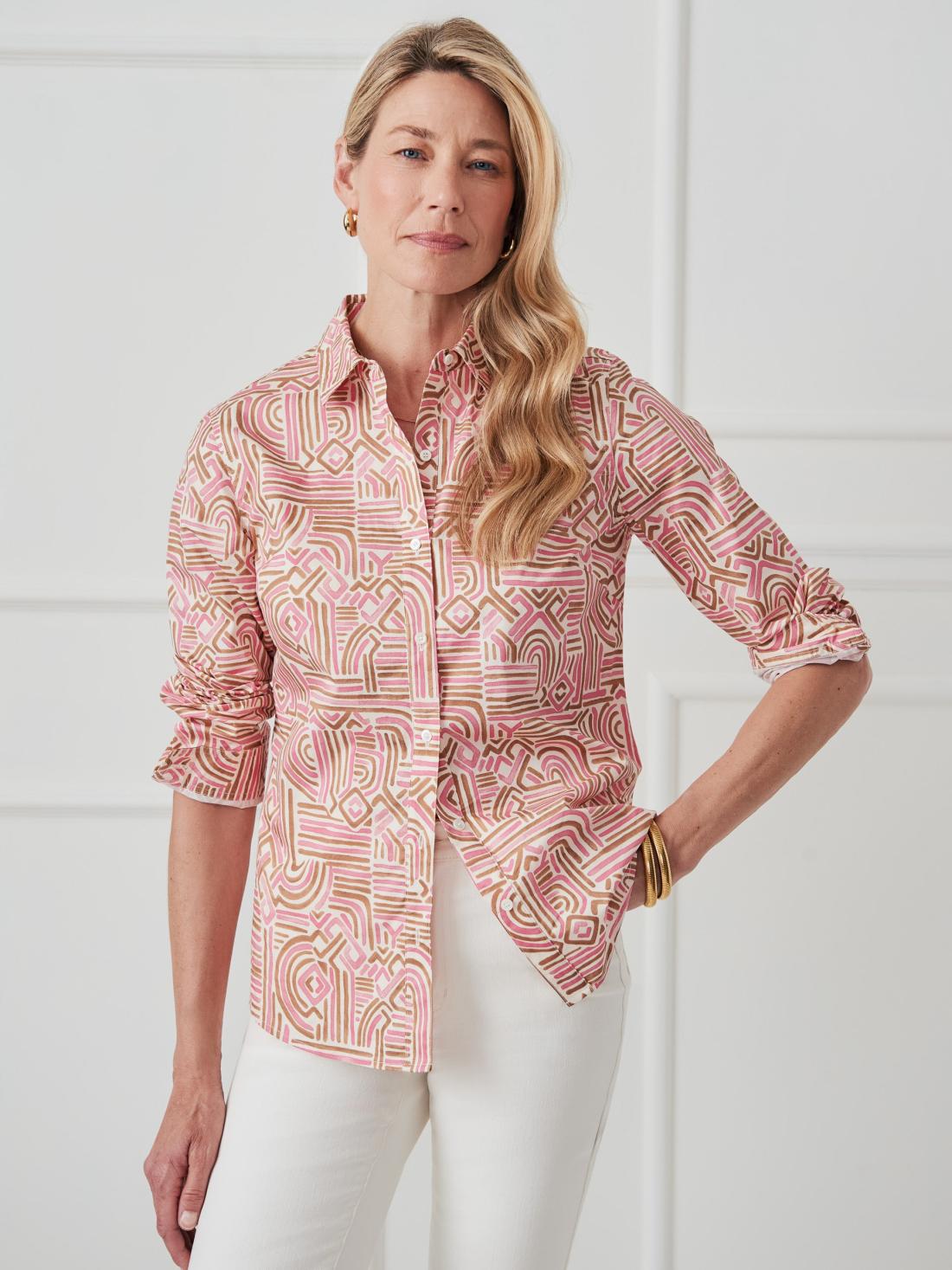 J.McLaughlin Lois Shirt In Geo Maze Pink/tan | Women Shirts &amp; Tops