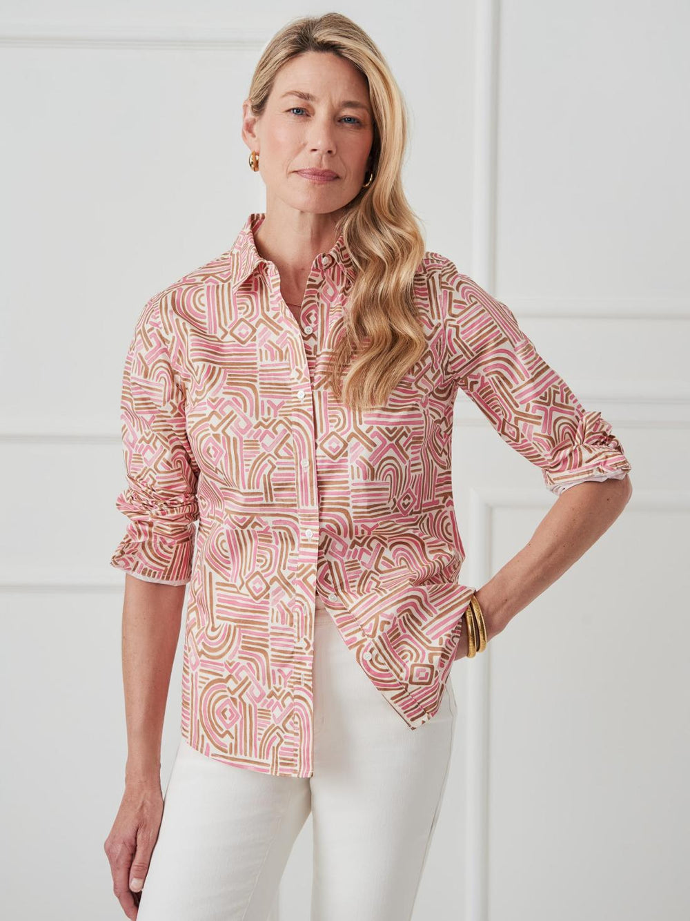 J.McLaughlin Lois Shirt In Geo Maze Pink/tan | Women Shirts &amp; Tops