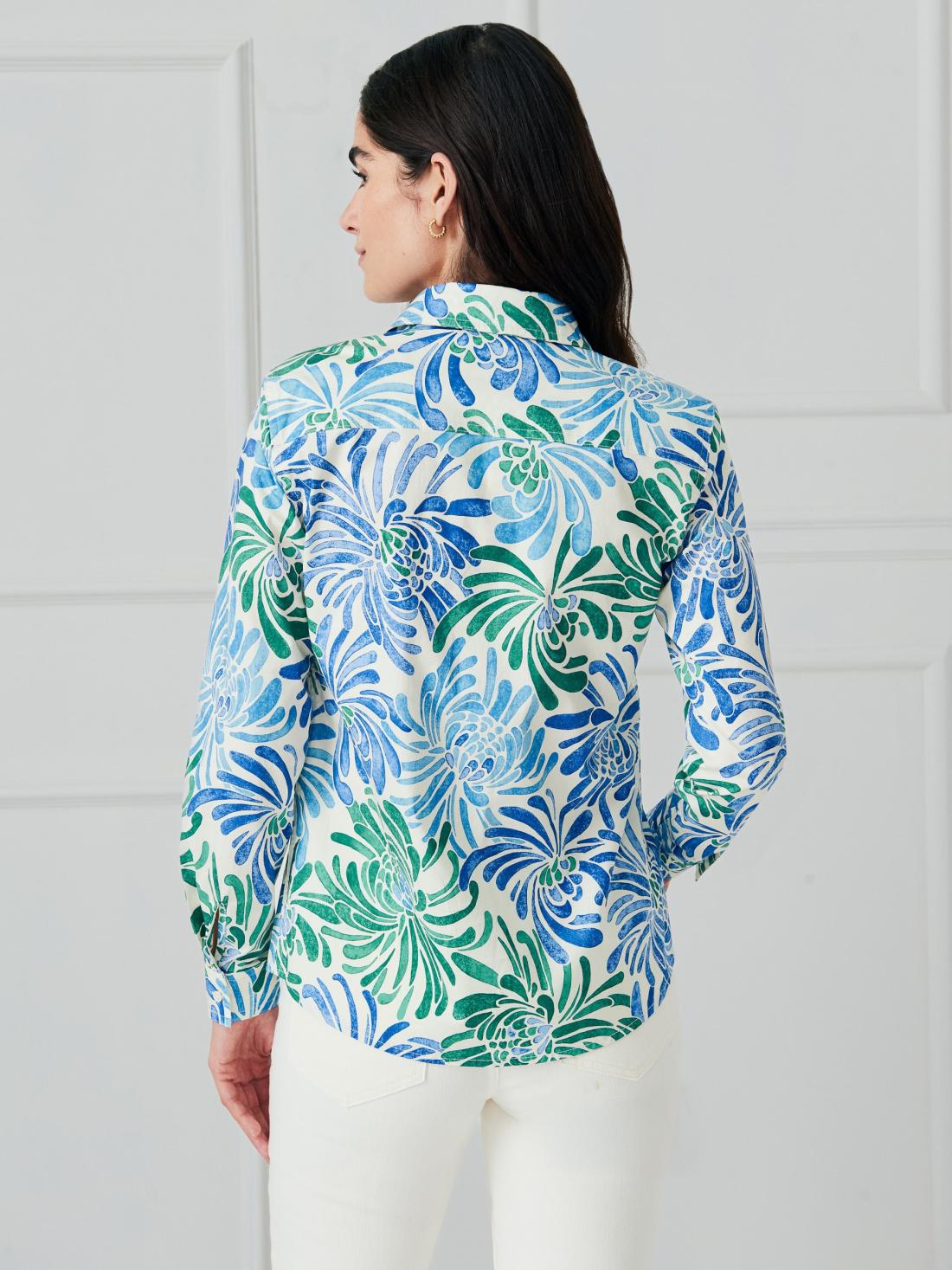 J.McLaughlin Lois Shirt In Modern Petals Off White/navy/green | Women Shirts &amp; Tops