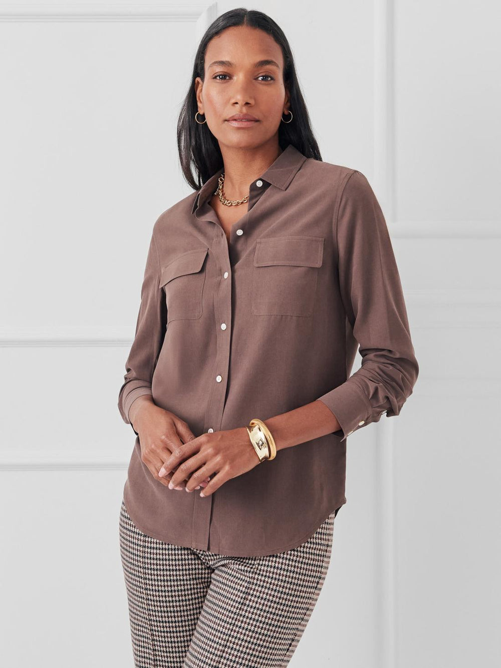 J.McLaughlin Miris Silk Shirt Brown | Women Shirts &amp; Tops
