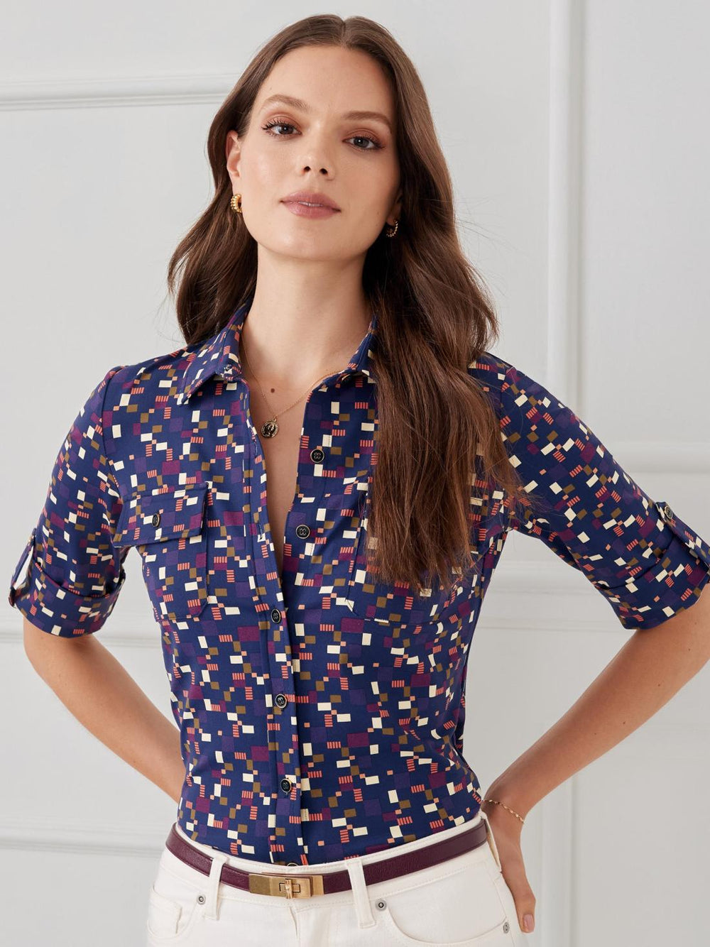 J.McLaughlin New Monroe Shirt In Block Party Navy/multi | Women Shirts &amp; Tops