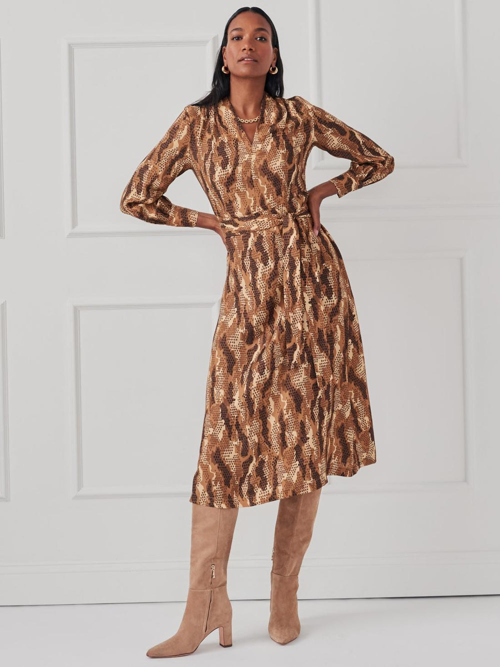 J.McLaughlin Portia Dress In Grasslands Camel/black | Women Dresses