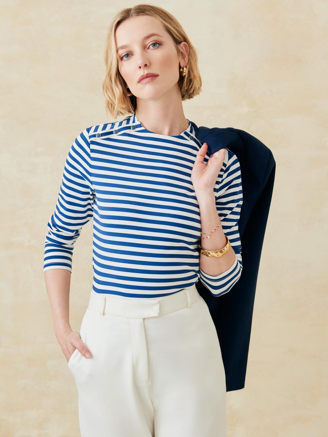 J.McLaughlin Rose Tee In Bangle Stripe White/light Navy | Women Shirts &amp; Tops