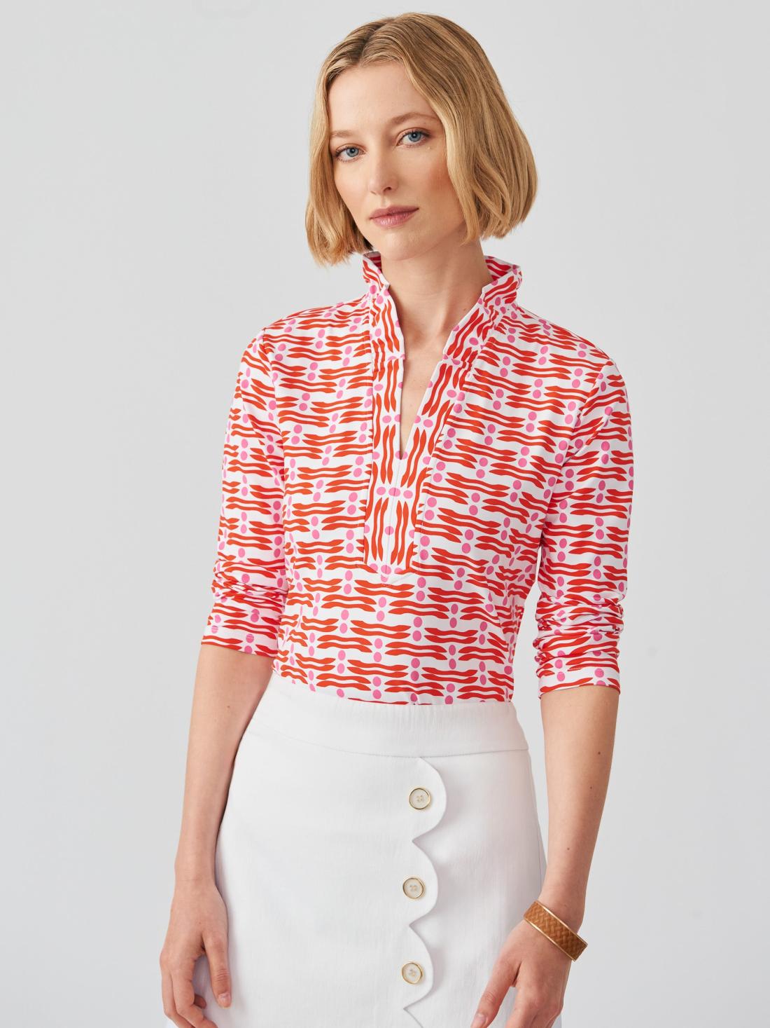 J.McLaughlin Sahara Ruffle Top In Edition Dot White/pink/red | Women Catalina Cloth™ Dresses
