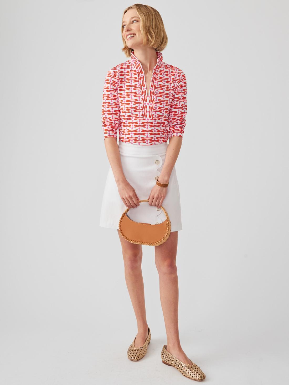 J.McLaughlin Sahara Ruffle Top In Edition Dot White/pink/red | Women Catalina Cloth™ Dresses