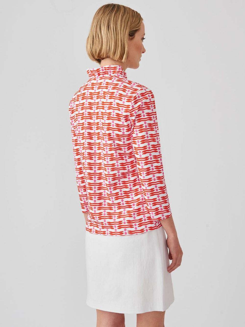 J.McLaughlin Sahara Ruffle Top In Edition Dot White/pink/red | Women Catalina Cloth™ Dresses