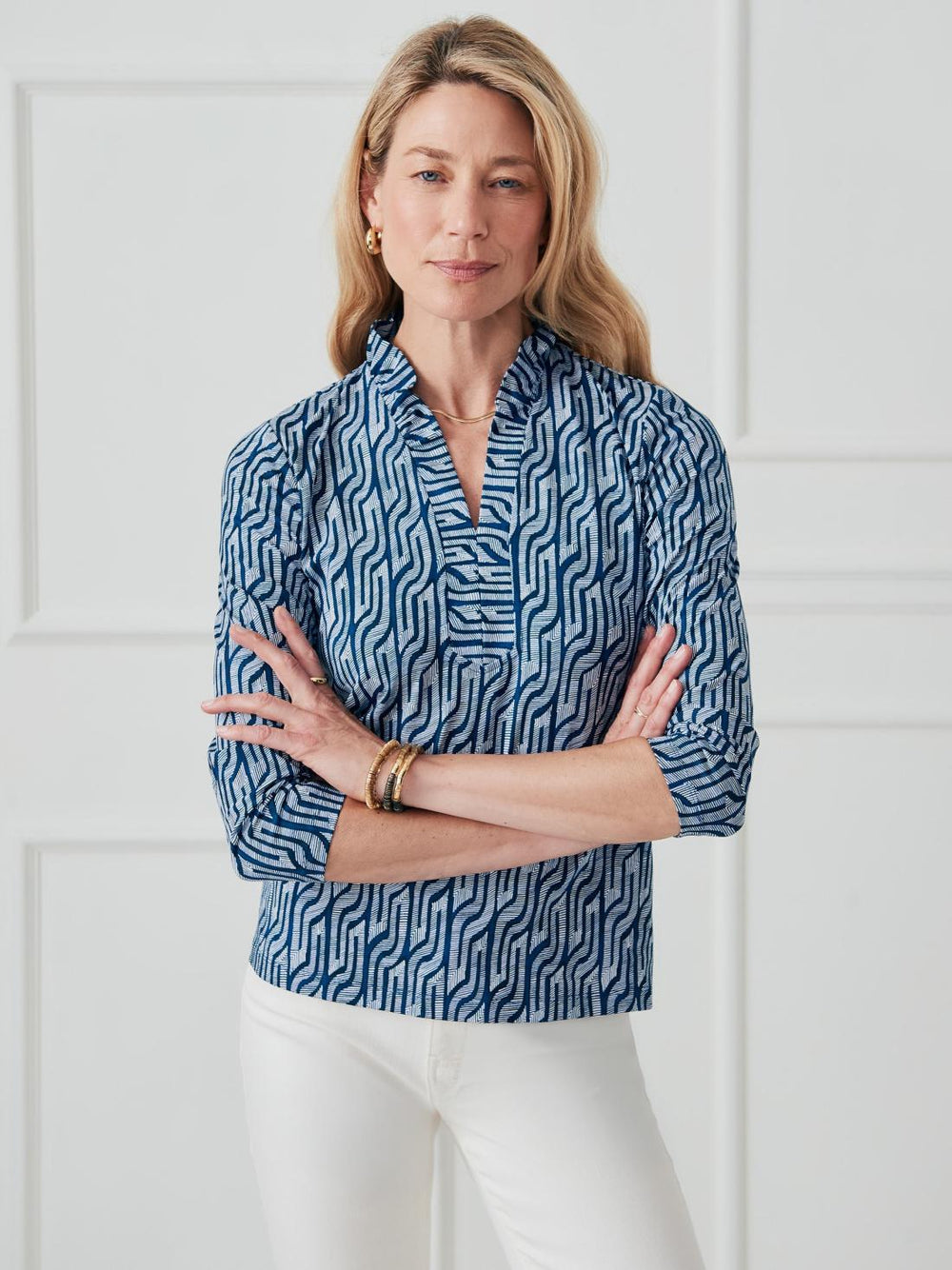 J.McLaughlin Sahara Ruffle Top In Linear Links Navy | Women Shirts &amp; Tops