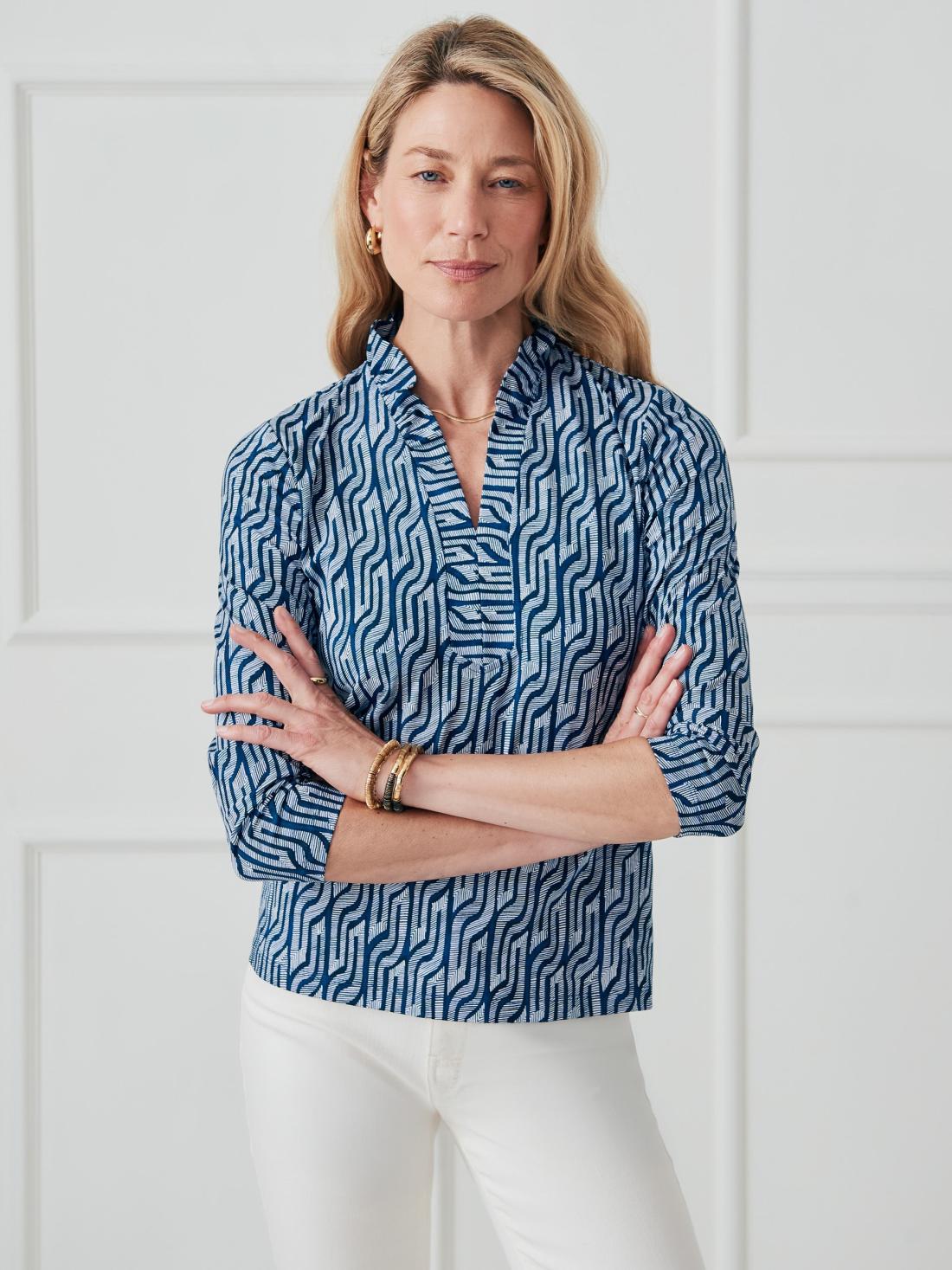 J.McLaughlin Sahara Ruffle Top In Linear Links Navy | Women Shirts &amp; Tops