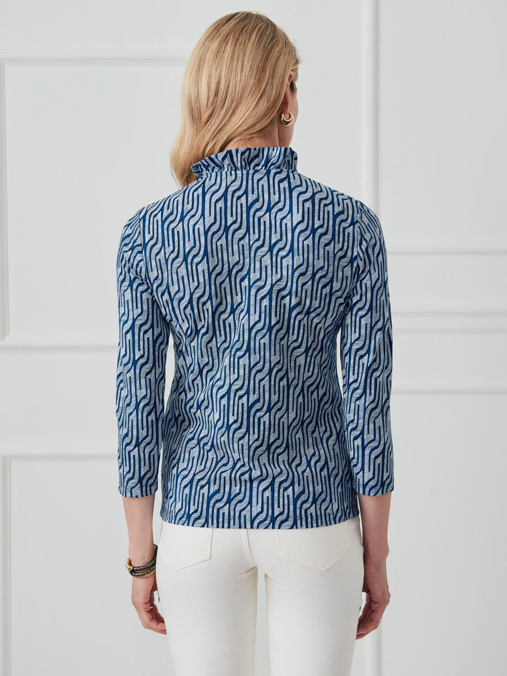 J.McLaughlin Sahara Ruffle Top In Linear Links Navy | Women Shirts &amp; Tops