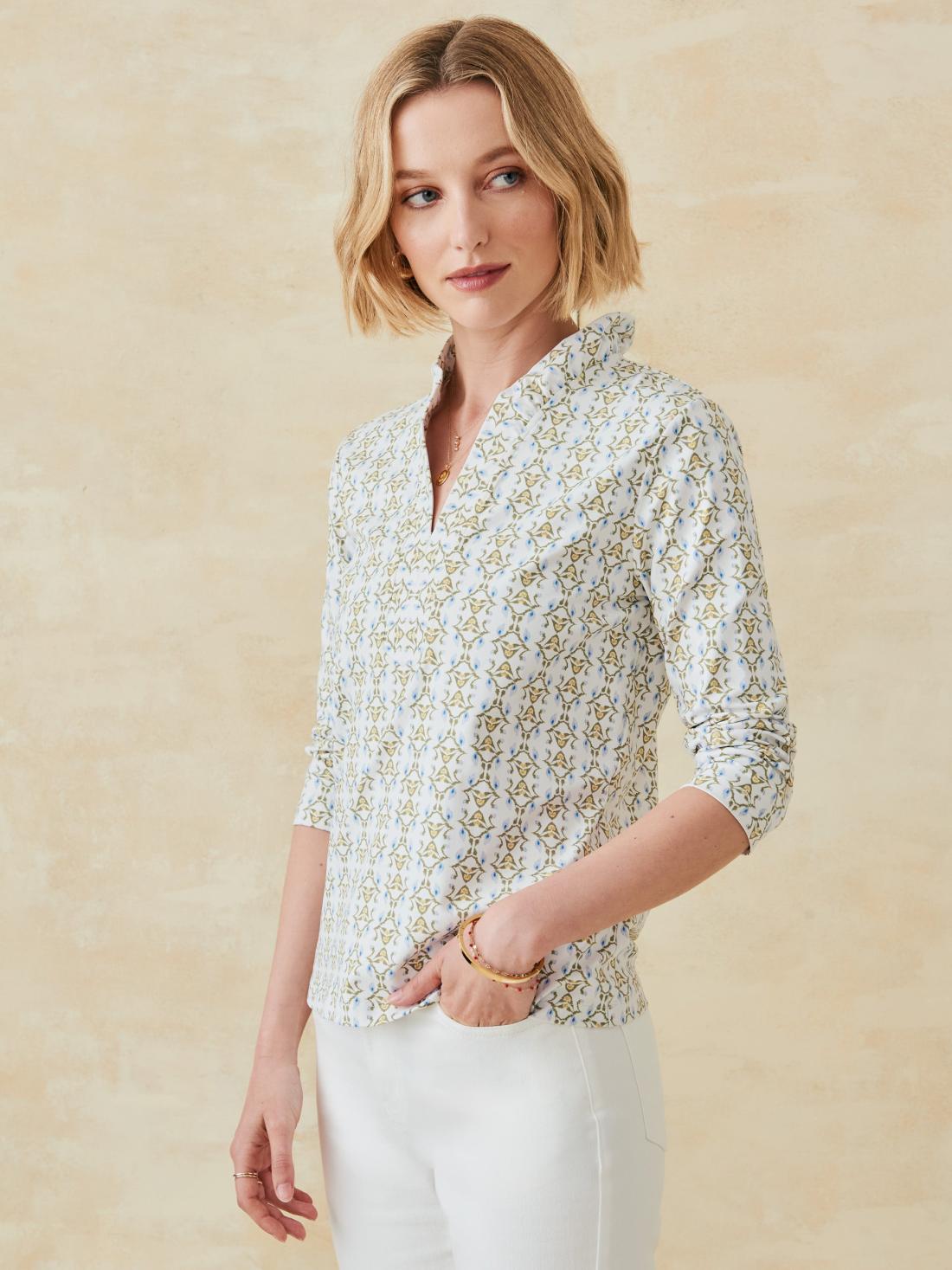 J.McLaughlin Sahara Ruffle Top In Tidal Geo Off White/khaki | Women Shirts &amp; Tops