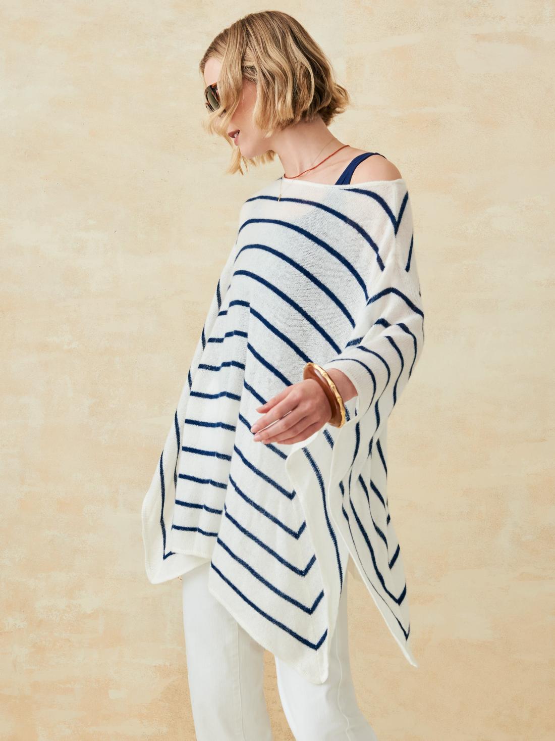 J.McLaughlin Samrithi Cashmere Poncho In Stripe Off White/dark Navy | Women Sweaters