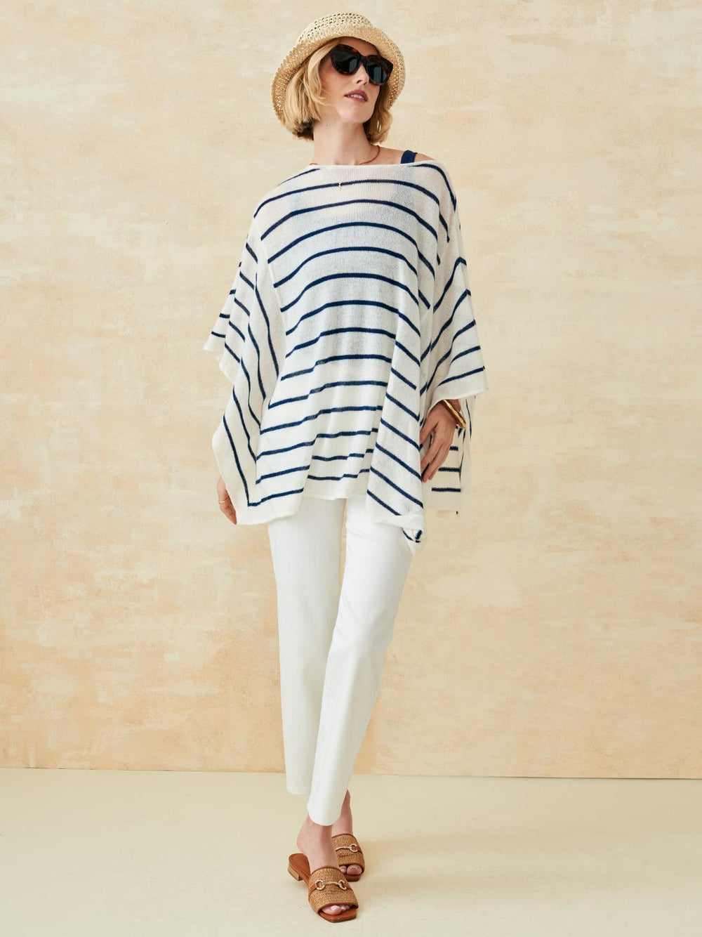 J.McLaughlin Samrithi Cashmere Poncho In Stripe Off White/dark Navy | Women Sweaters