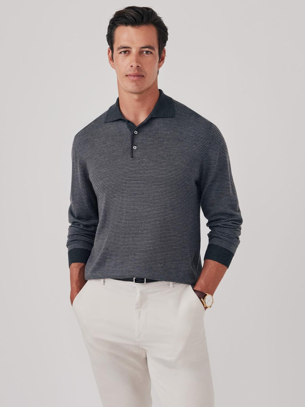 J.McLaughlin Savona Polo Sweater In Stripe Charcoal/light Heather Gray | Men/Women Sweaters