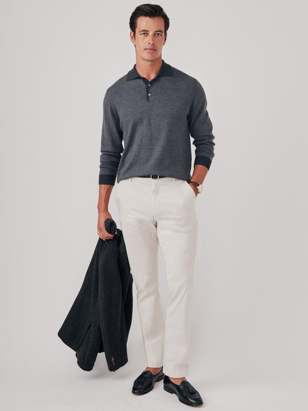 J.McLaughlin Savona Polo Sweater In Stripe Charcoal/light Heather Gray | Men/Women Sweaters