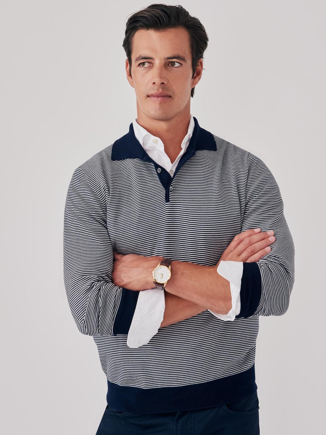J.McLaughlin Savona Polo Sweater In Stripe Navy/ivory | Men/Women Sweaters