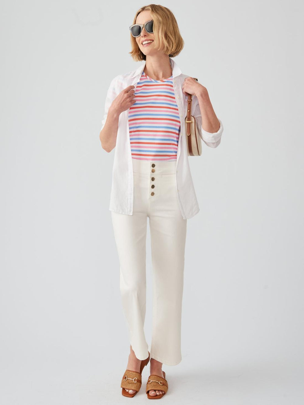 J.McLaughlin Signature Cap Sleeve Tee In Bangle Multi Stripe Blue/coral | Women Shirts &amp; Tops