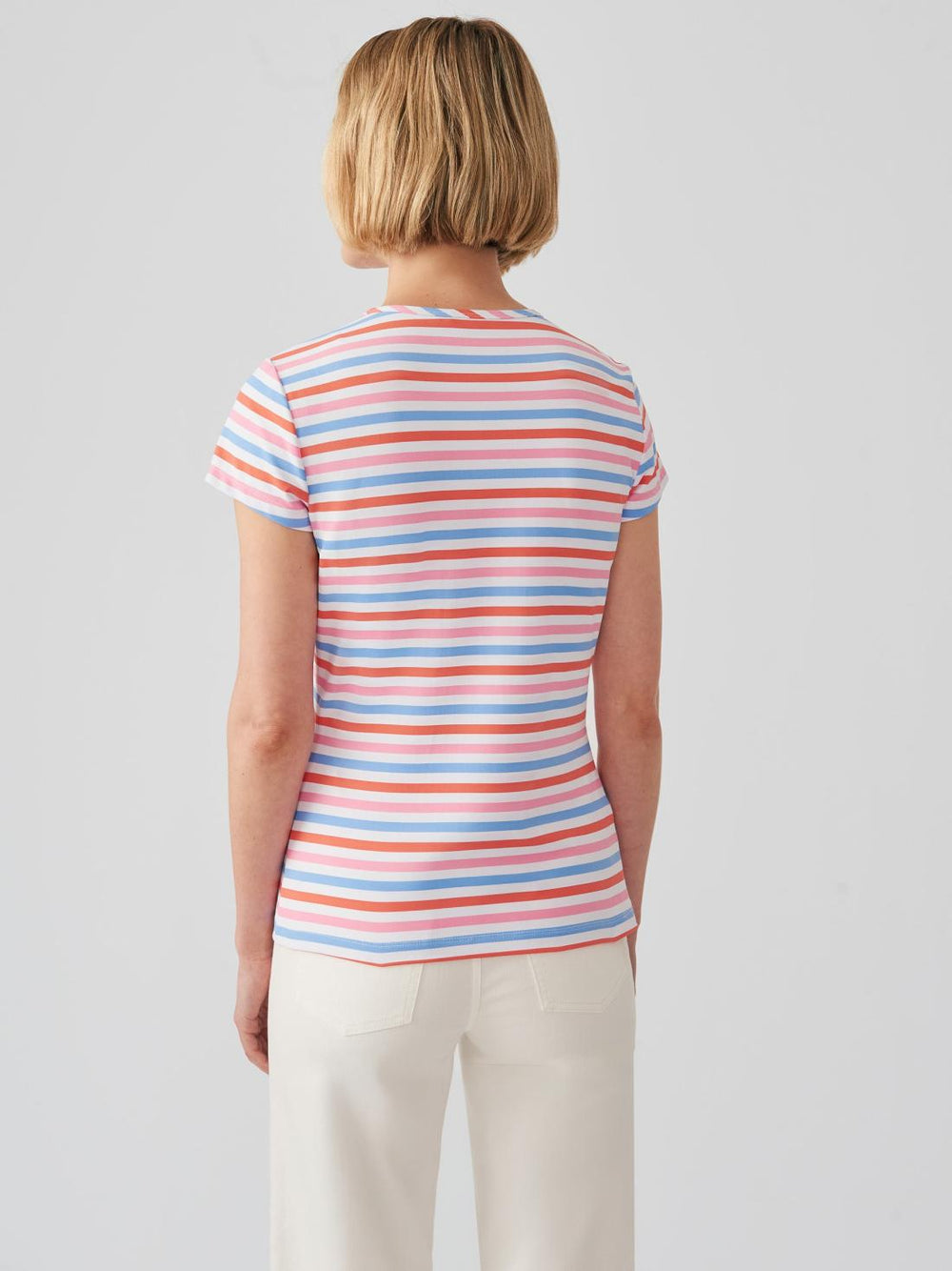 J.McLaughlin Signature Cap Sleeve Tee In Bangle Multi Stripe Blue/coral | Women Shirts &amp; Tops