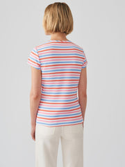 J.McLaughlin Signature Cap Sleeve Tee In Bangle Multi Stripe Blue/coral | Women Shirts &amp; Tops
