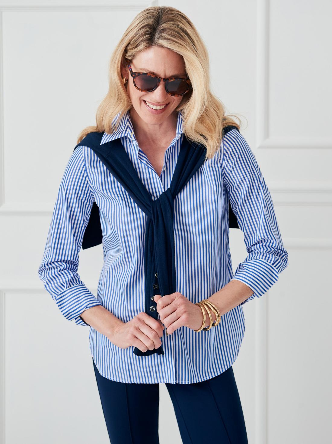 J.McLaughlin Sloane Shirt In Stripe White/blue | Women Shirts &amp; Tops