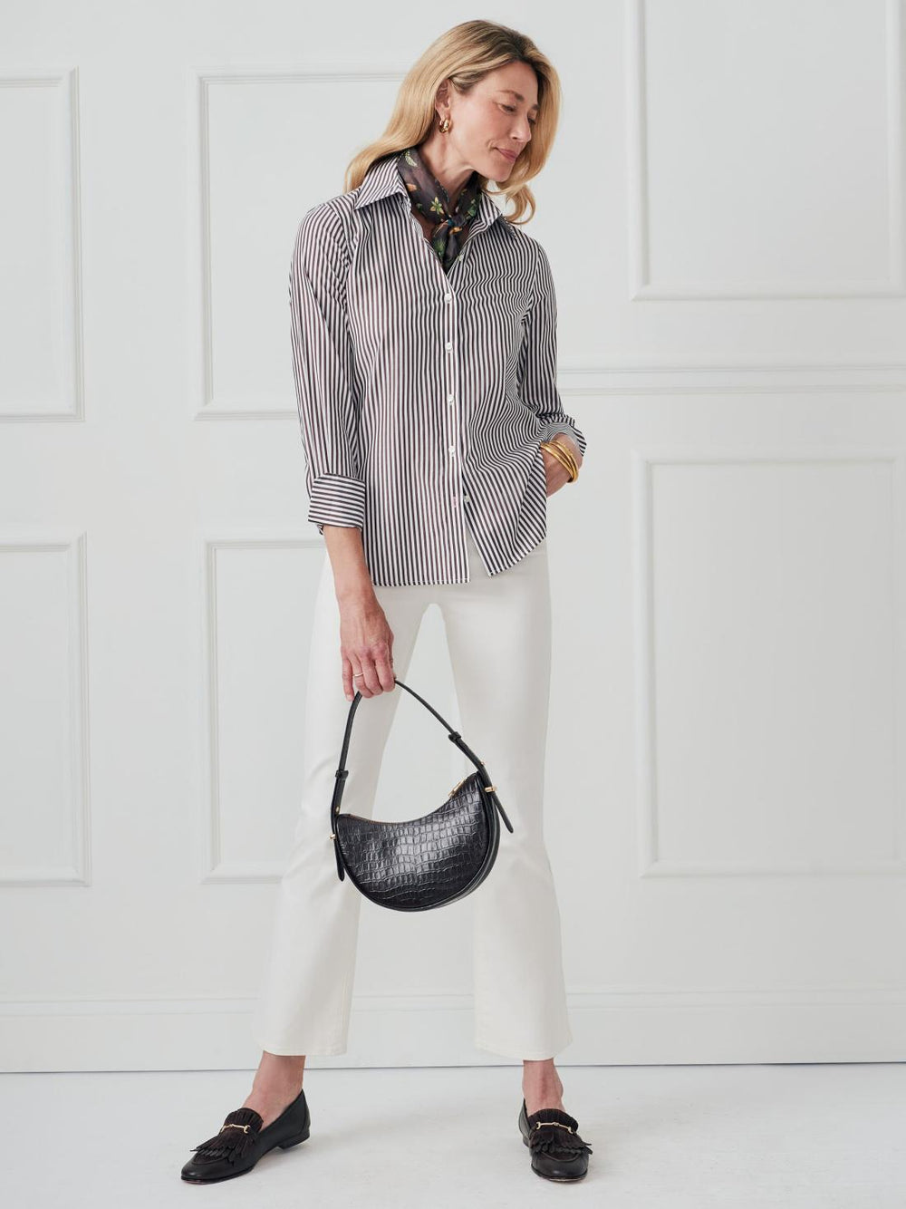 J.McLaughlin Sloane Shirt In Stripe White/brown | Women Shirts &amp; Tops