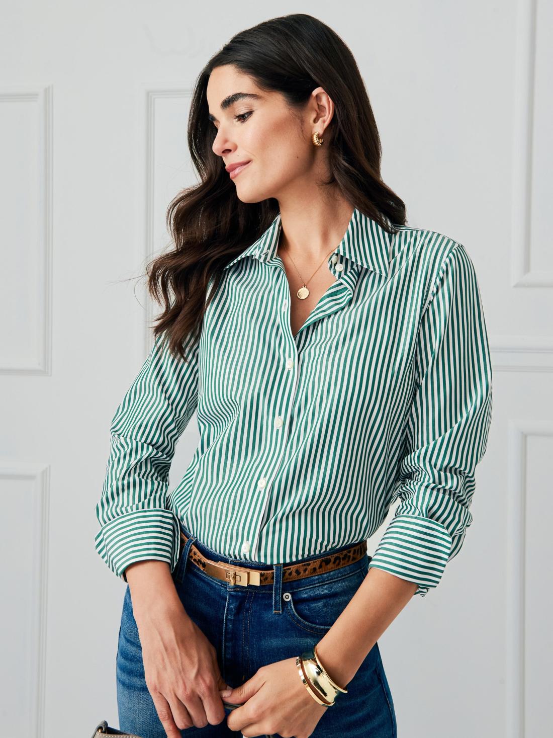 J.McLaughlin Sloane Shirt In Stripe White/green | Women Shirts &amp; Tops