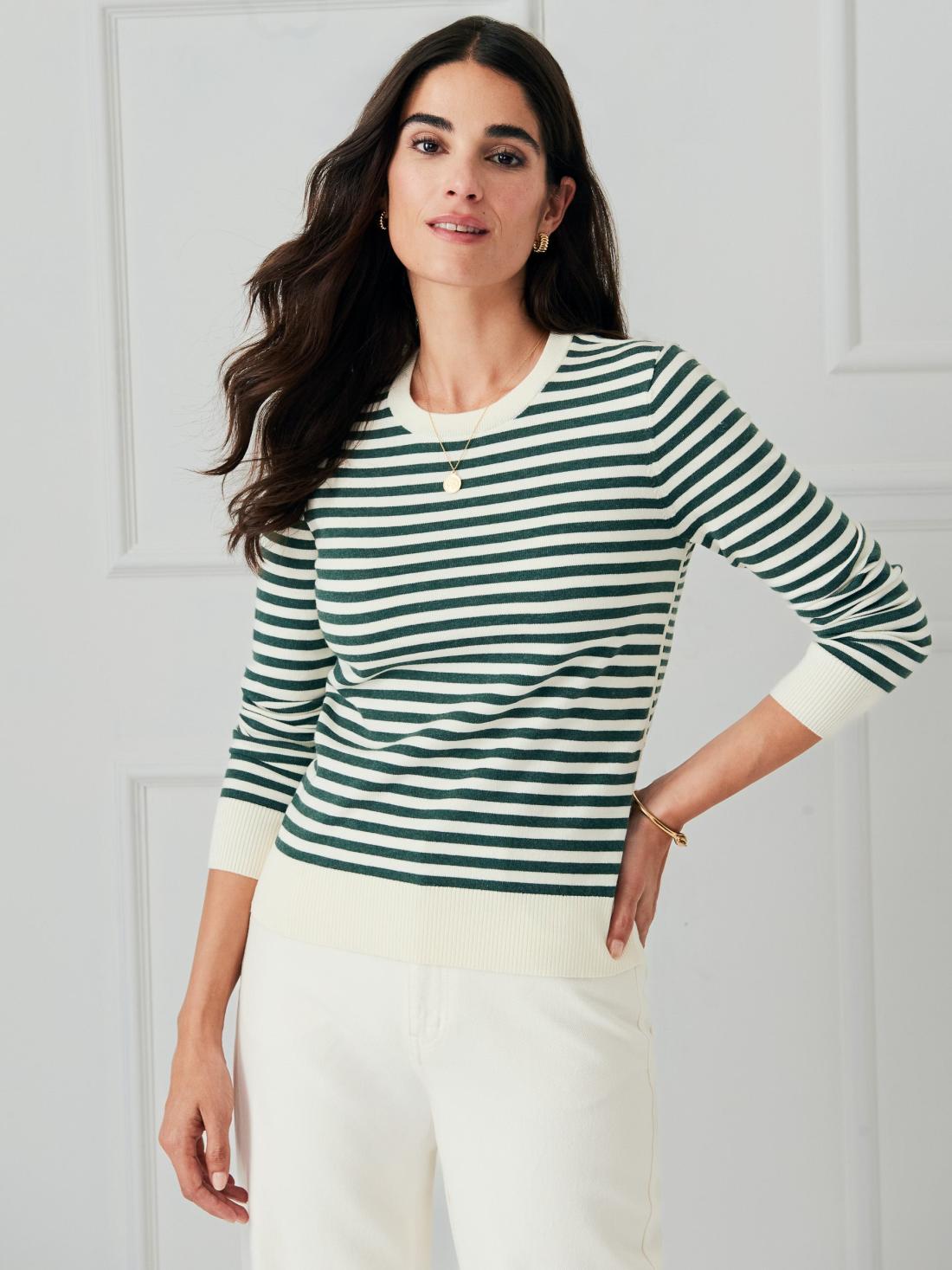 J.McLaughlin Tierney Sweater In Stripe Off White/dark Green | Women Sweaters