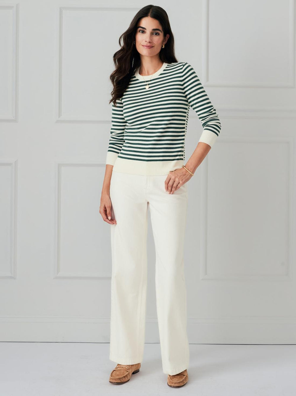 J.McLaughlin Tierney Sweater In Stripe Off White/dark Green | Women Sweaters