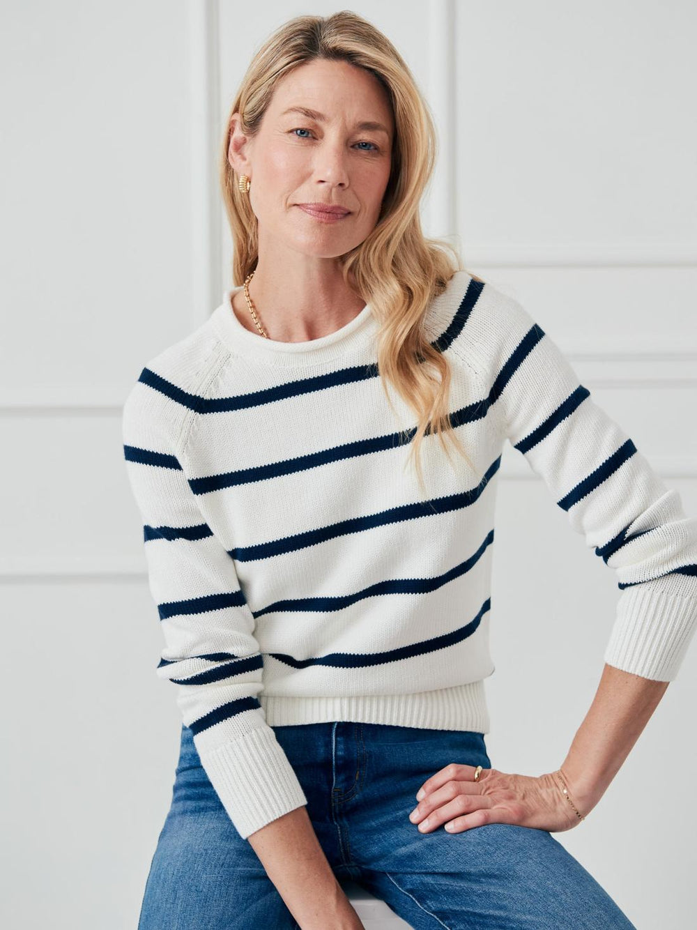 J.McLaughlin Vaughn Sweater In Stripe Egret White/navy | Women Sweaters