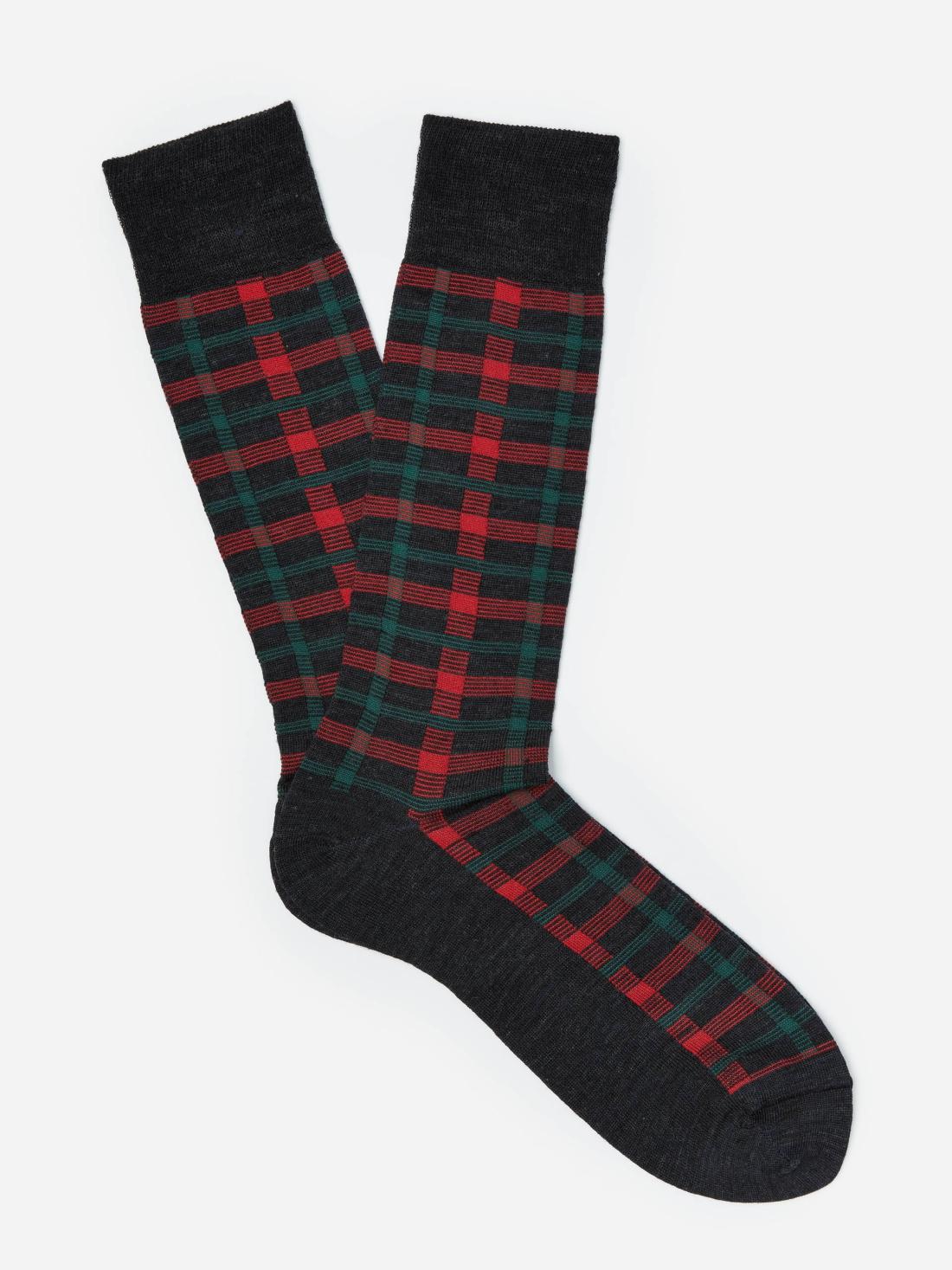 J.McLaughlin Wool Socks In Even Square Plaid Dk_h_gray/red-even_square_plaid | Men Socks