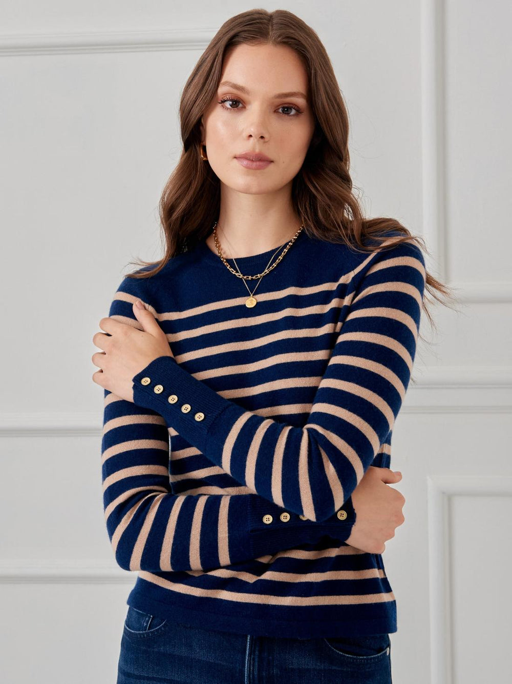 J.McLaughlin Zosia Cashmere Sweater In Stripe Navy/heather Camel | Women Sweaters